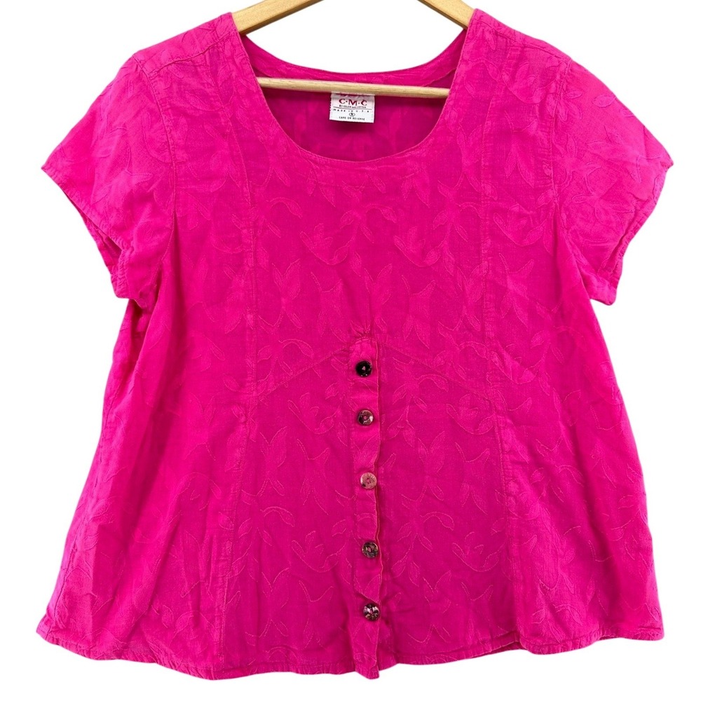 VTG CMC Hot Pink Floral Lightweight Button Front Short Sleeve Top SZ S 90s 80s‎